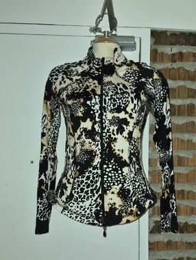 Joseph Ribkoff Black & Cream Animal-Print Zip Bomber Jacket Tank Top Set Size 14